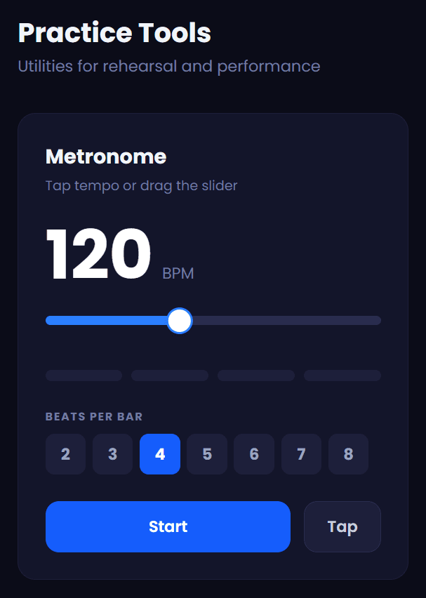 Dashplan Practice tool showing a tap-tempo metronome with time signature control built into the band management dashboard.