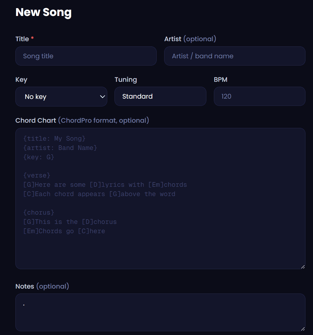 Dashplan Song Editor showing a ChordPro chord chart with key, tuning and BPM fields for a song in a musician's personal library.