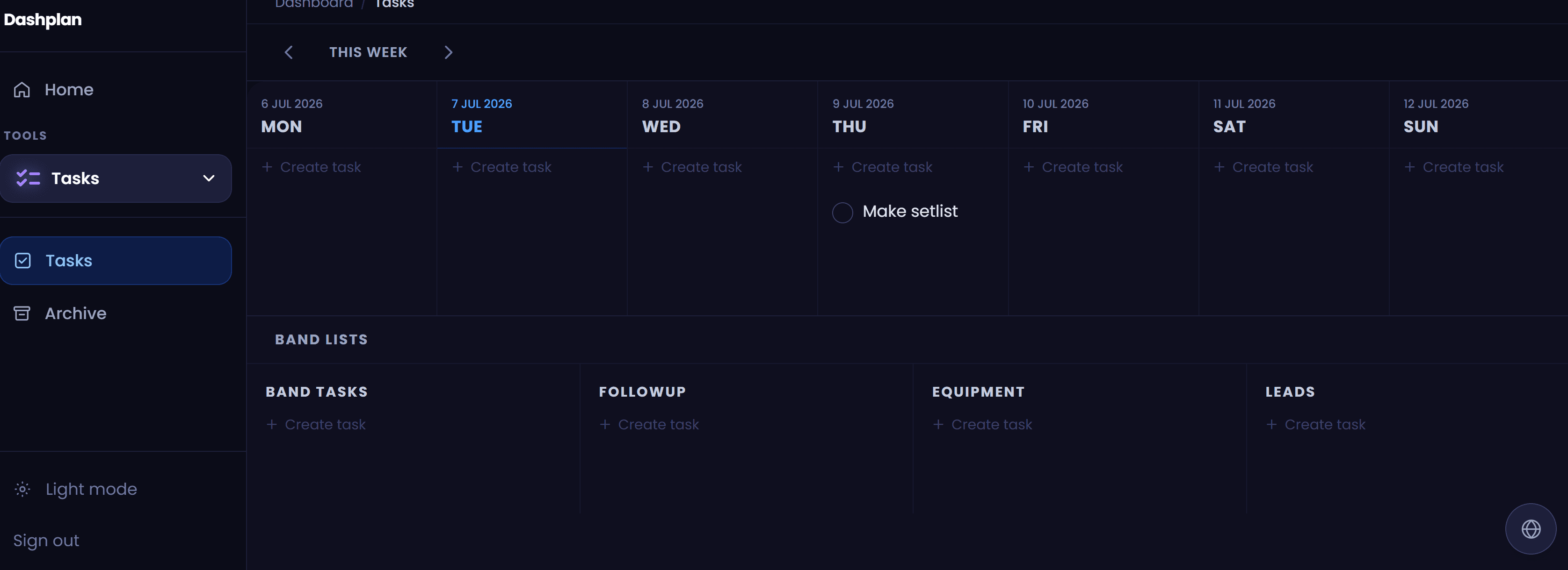 Dashplan Band Tasks weekly calendar view showing task assignments across band members with due dates and custom task list categories.